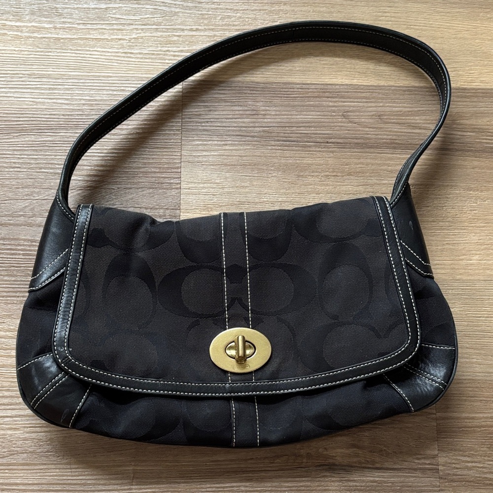 Coach Black Signature Canvas Shoulder Bag with Gold Turnlock